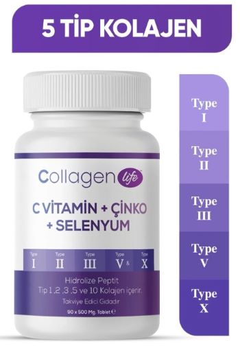 Collagen Life5 Tip Kolajen Tip 1, Tip 2, Tip 3, Tip 5 ,tip 10, ( Selenyum , C Vitamini Ve Çinko ) 90 Tablet